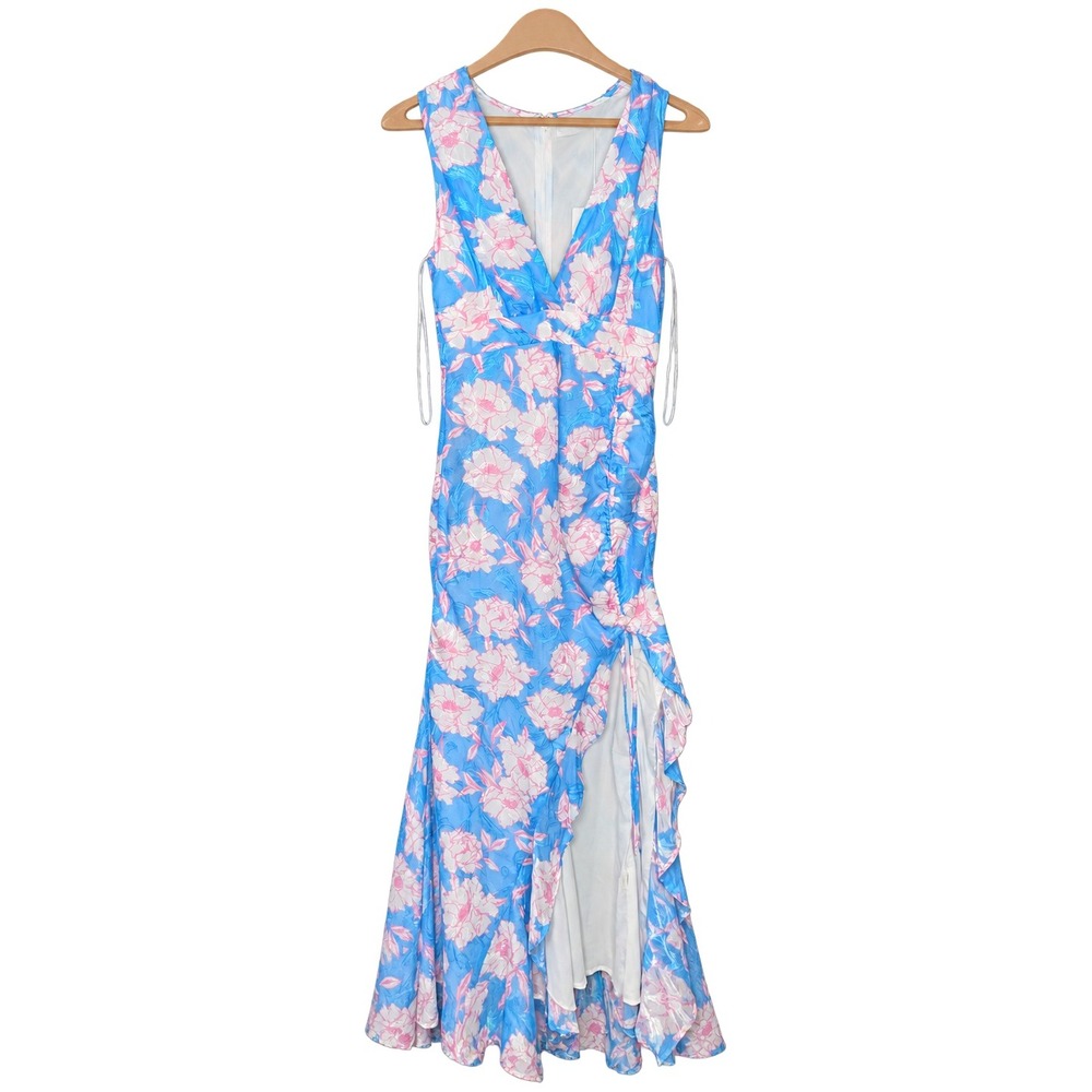 All About May EE6928L Blue Pink Floral Maxi Dress Side Split Wedding Size 4 NWT